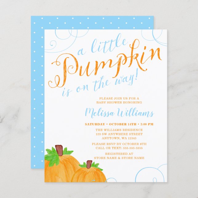 Budget Little Pumpkin Fall Blue Boy Baby Shower (Front/Back)
