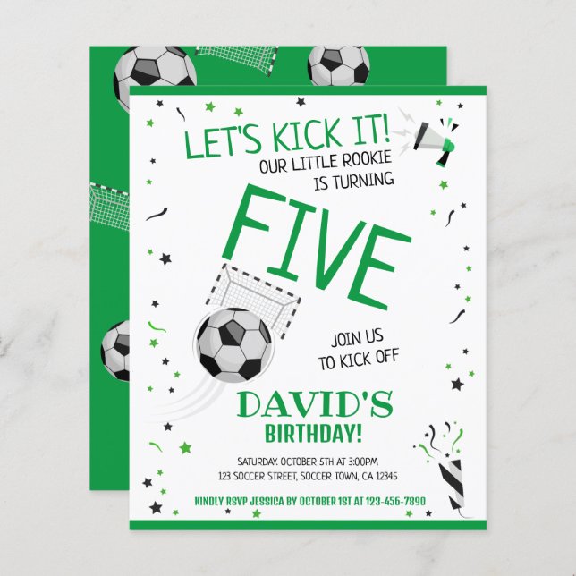 Budget Little Rookie Soccer Green Birthday Invite (Front/Back)