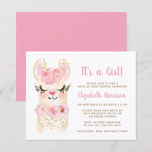 Budget Llama Baby Girl Drive By Shower Invitation (Front/Back)