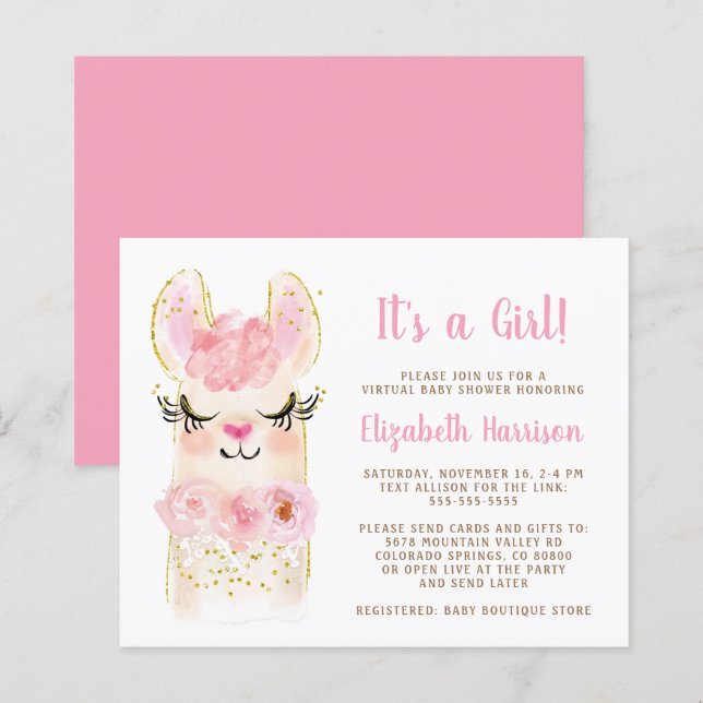 Budget Llama Baby Girl Virtual Shower Invitation (Front/Back)