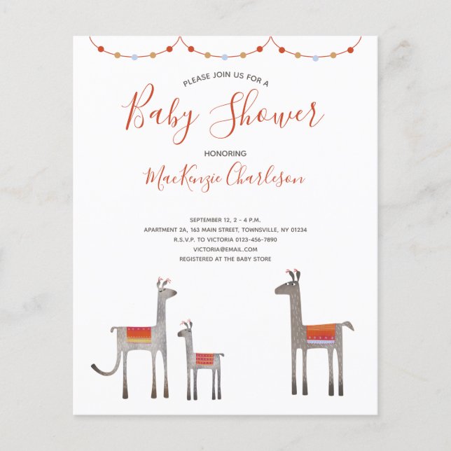 Budget Llama Baby Shower Invitation (Front)