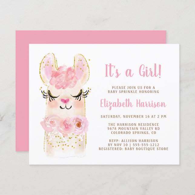 Budget Llama Pink Baby Girl Sprinkle Invitation (Front/Back)