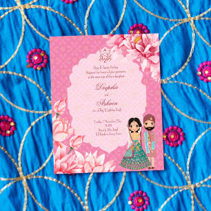 Budget lotus flowers Indian bridal couple invite
