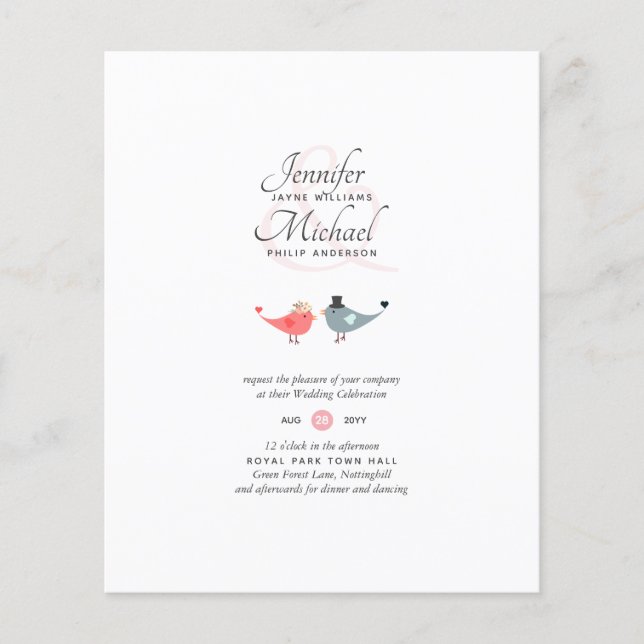 Budget Love Birds Modern Coral Wedding Invites (Front)