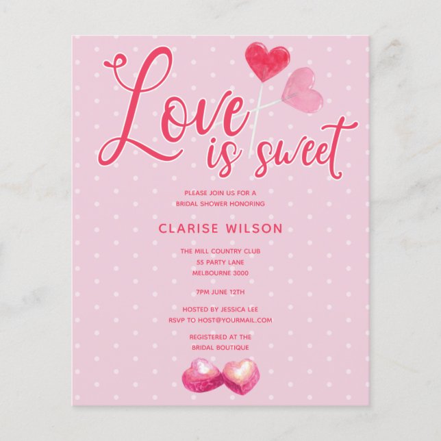 BUDGET Love Is Sweet Pink Bridal Shower Invite (Front)