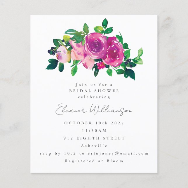 Budget Magenta Flowers Bridal Shower Invitation (Front)