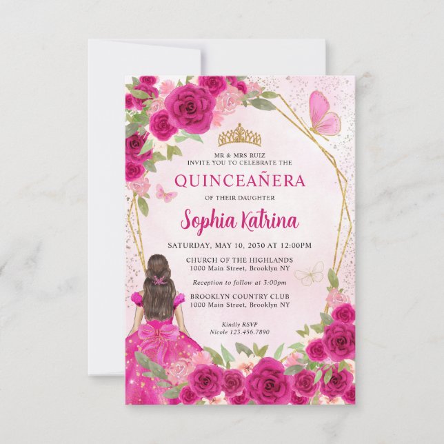 Budget Magenta Gold Floral Princess Quinceañera Card (Front)