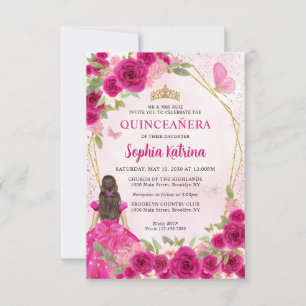 Budget Magenta Gold Floral Princess Quinceañera Card