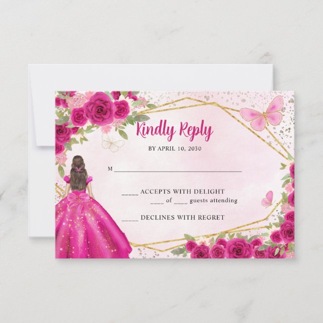 Budget Magenta Hot Pink Gold Floral Princess RSVP Card (Front)