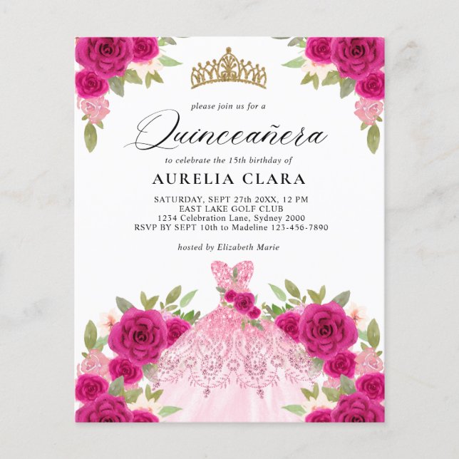 BUDGET Magenta Pink Dress Floral 15th Quinceañera (Front)