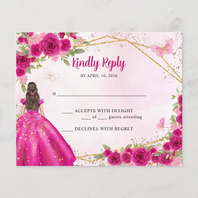 Budget Magenta Pink Glam Gold Floral Princess RSVP (Front)