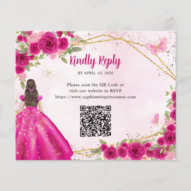 Budget Magenta Pink Gold Floral Princess QR RSVP (Front)