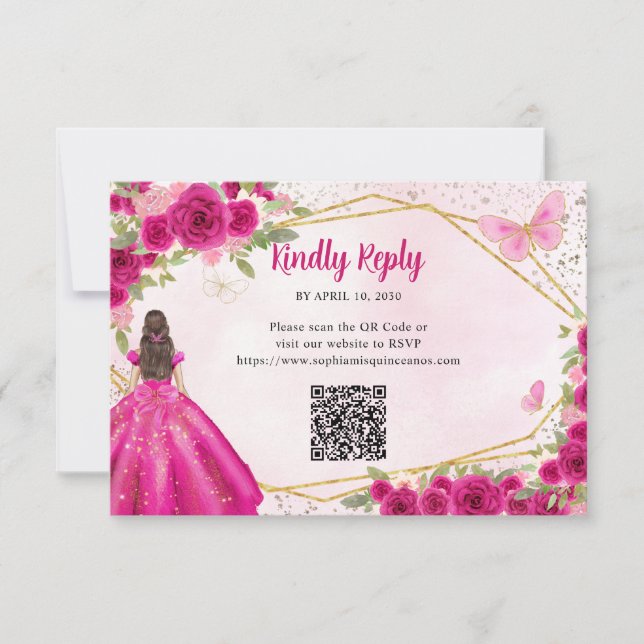 Budget Magenta Pink Gold Floral Princess QR RSVP Card (Front)