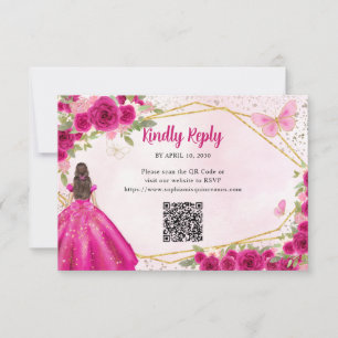 Budget Magenta Pink Gold Floral Princess QR RSVP Card