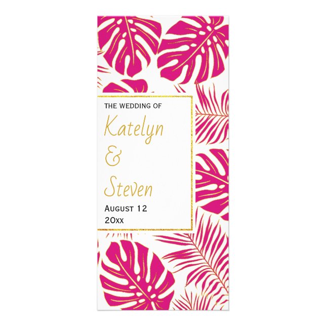 BUDGET magenta tropical leaves wedding program Rack Card (Front)