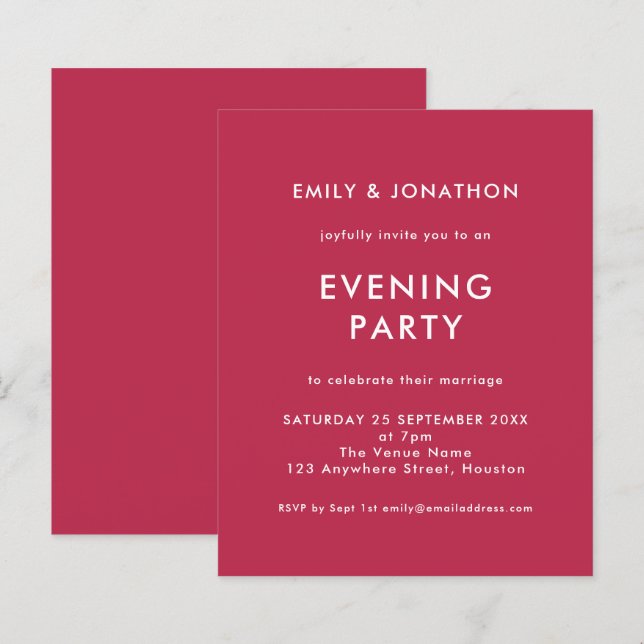 Budget Magenta Wedding Evening Party Invite (Front/Back)