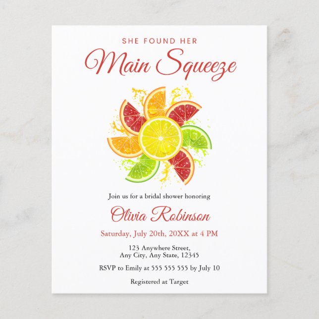 Budget Main Squeeze Lemon Bridal Shower Invitation Flyer (Front)