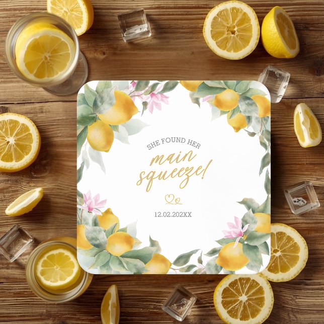 Budget Main Squeeze Lemon Wreath Bridal Shower Square Paper Coaster (Creator Uploaded)