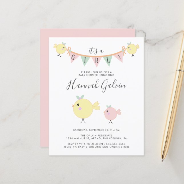 Budget Mama Bird Baby Girl Shower Invitation (Front/Back In Situ)
