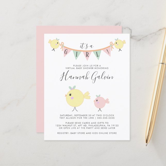 Budget Mama Bird Virtual Baby Girl Shower Invite (Front/Back In Situ)