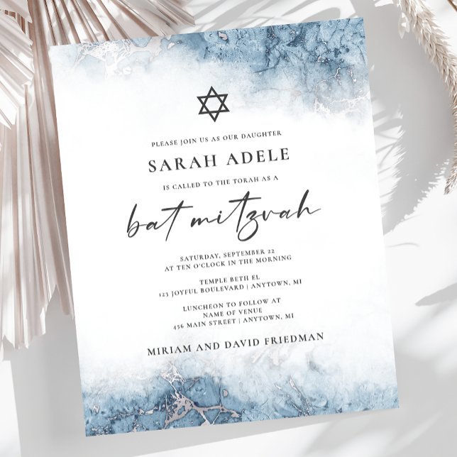 Budget Marble Blue Silver Bat Mitzvah Invitation (Creator Uploaded)