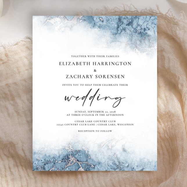 Budget Marble Blue Silver Wedding Invitation (Creator Uploaded)