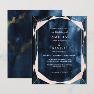 Budget Marble Navy Blue Gold Wedding Invitation