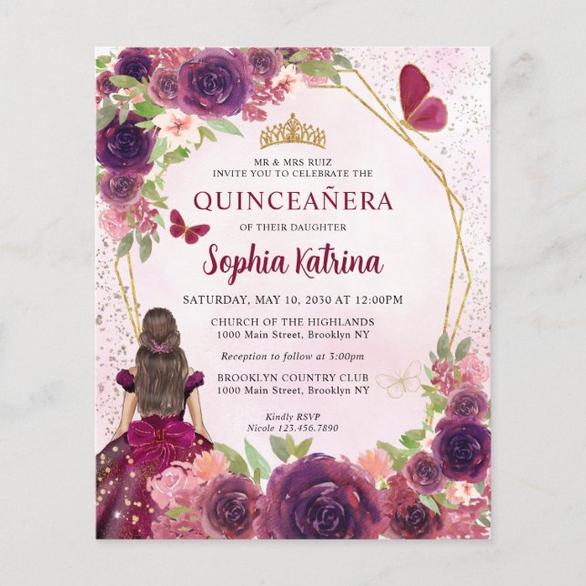 Budget Maroon Red Gold Floral Princess Quinceañera (Front)