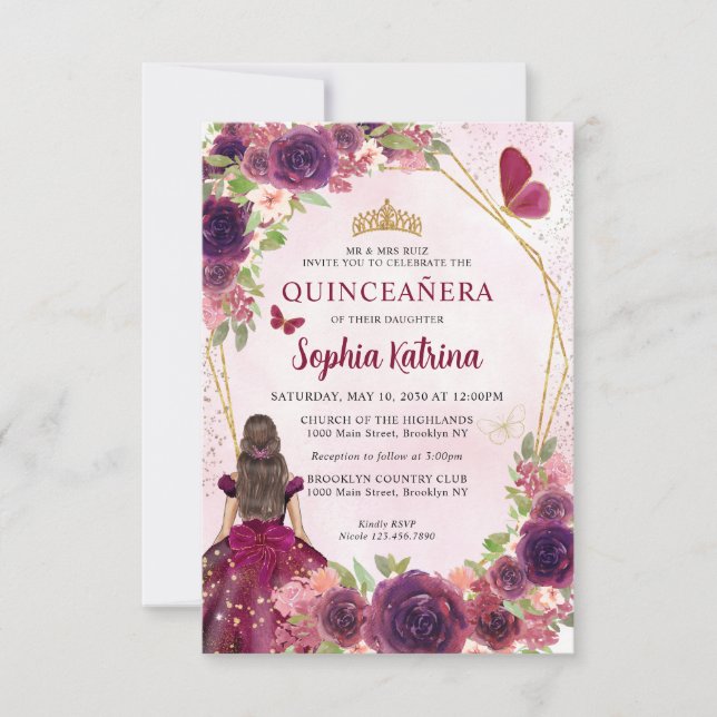 Budget Maroon Red Gold Floral Princess Quinceañera Card (Front)
