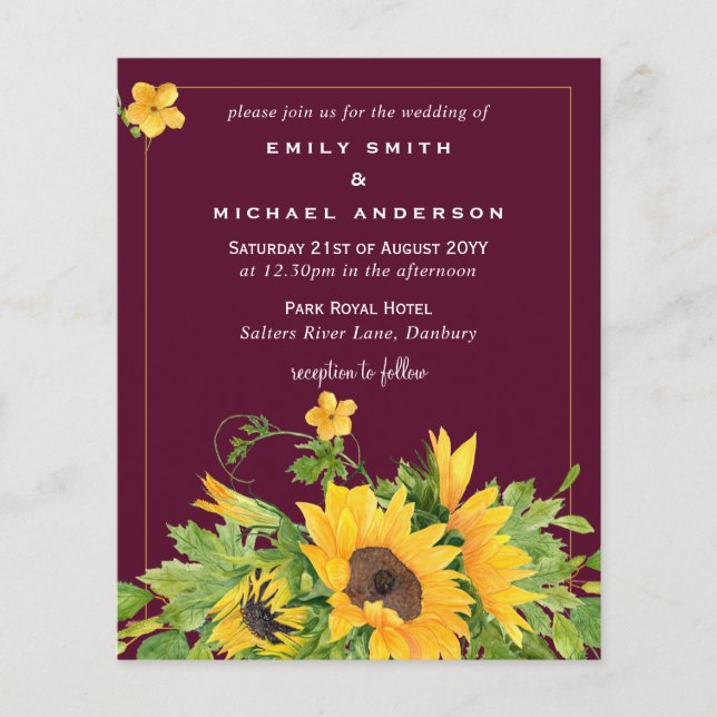 Budget Maroon Yellow Sunflowers Wedding Invites (Front)