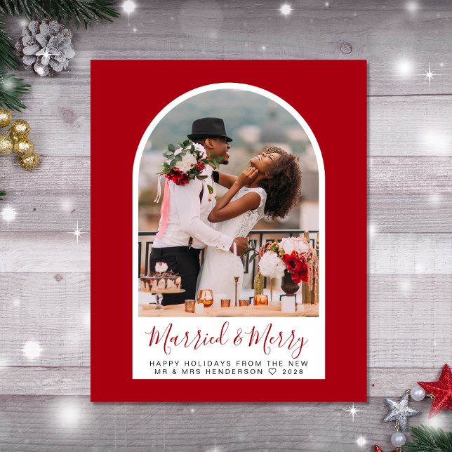 Budget Married Merry Christmas Arch Photo Card (A beautiful & unique way to announce your marriage this holiday season)