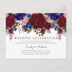 BUDGET Marsala Blue Pink Floral Wedding Invitation Postcard
