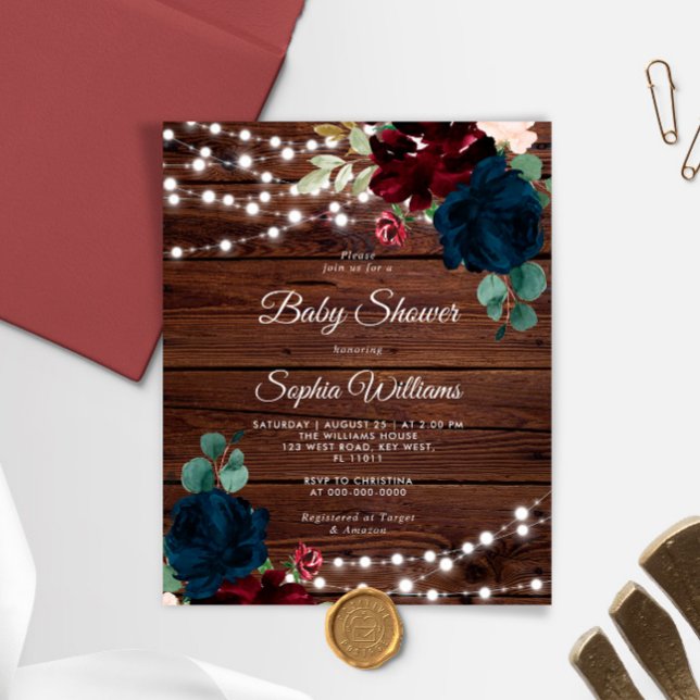 Budget Marsala & Navy Wood Baby Shower Invitation (Creator Uploaded)