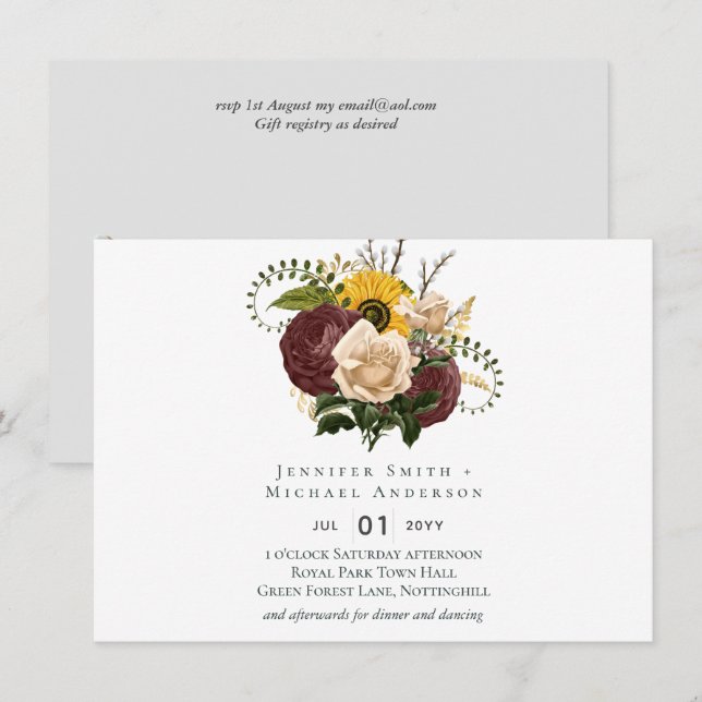 BUDGET Marsala Roses Sunflowers Wedding Invite (Front/Back)