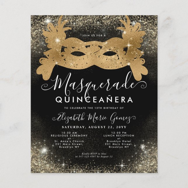Budget Masquerade Black Gold Glitter Quinceanera (Front)