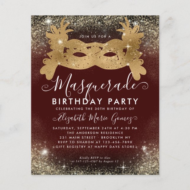 Budget Masquerade Burgundy Gold Glitter Birthday (Front)