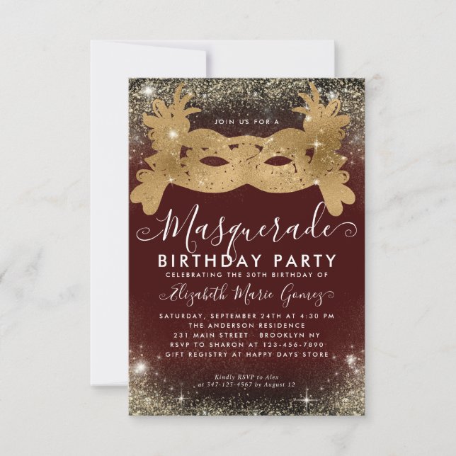 Budget Masquerade Burgundy Gold Glitter Birthday Card (Front)