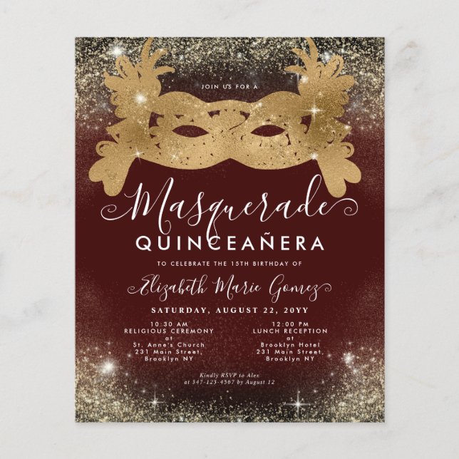 Budget Masquerade Burgundy Red Gold Glitter Quince (Front)
