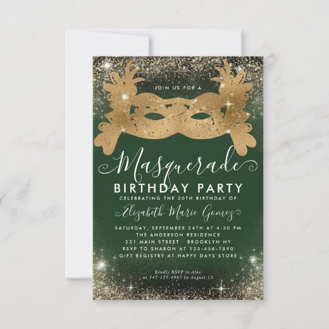 Budget Masquerade Green Gold Glam Glitter Birthday Card (Front)