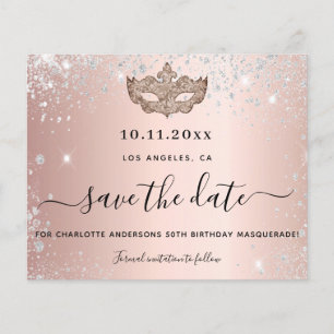 Budget masquerade party rose gold save the date