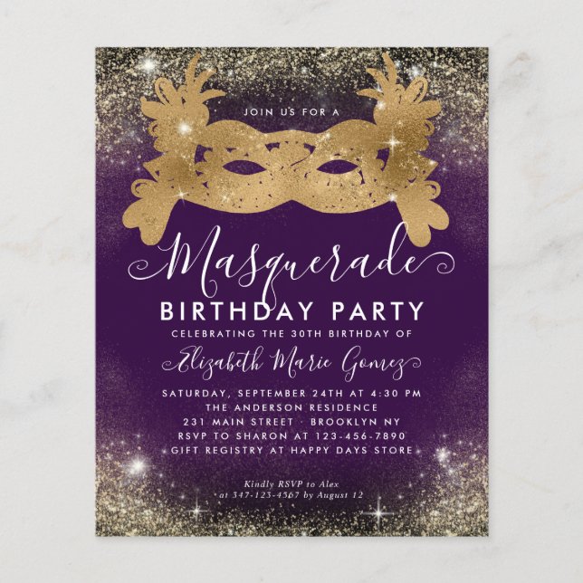 Budget Masquerade Purple Gold Glitter Birthday (Front)