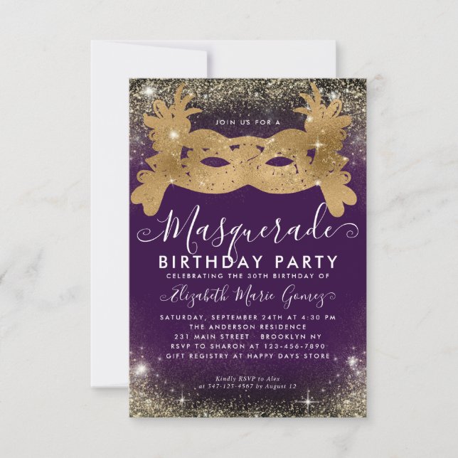 Budget Masquerade Purple Gold Glitter Birthday Card (Front)