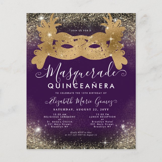 Budget Masquerade Purple Gold Glitter Quinceanera (Front)