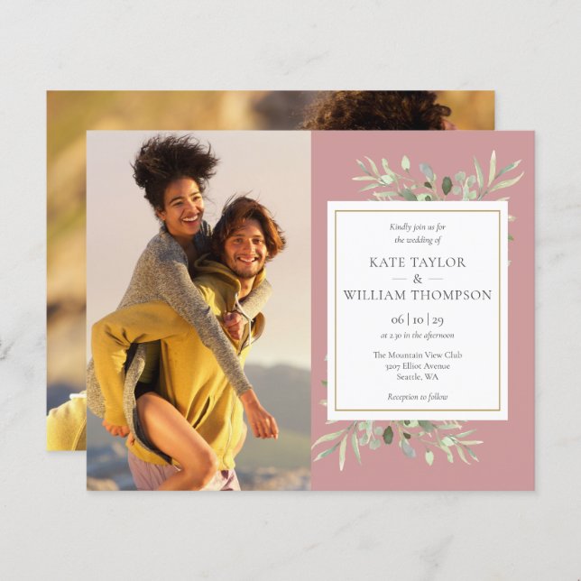 Budget Mauve Greenery Photos Wedding Invitation (Front/Back)