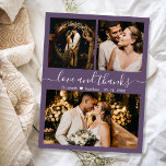Budget Mauve Photo Collage Wedding Thank You Card<br><div class="desc">Budget, Modern, Elegant "Love and Thanks" Script Mauve Wedding 3 Photo Collage Thank You Low Budget Affordable Thin Card. You can upgrade to have this card printed on cardstock. Featuring three (3) photo on the front and one (1) photo on the back. With the text "Love and thanks" in a...</div>