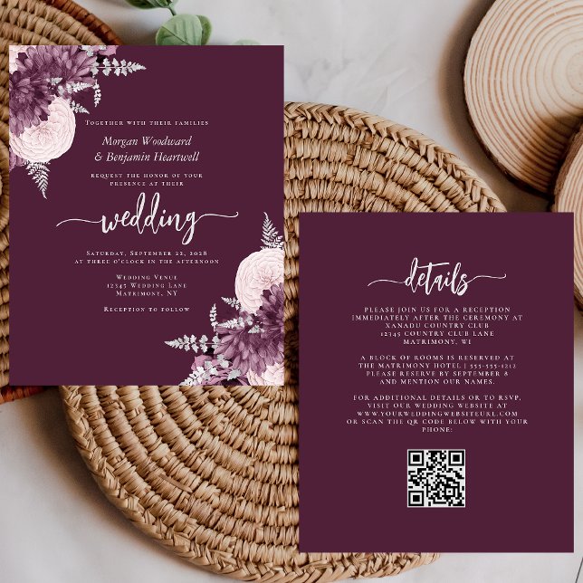 Budget Mauve Silver Floral QR Code Wedding Invite (Creator Uploaded)