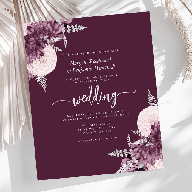 Budget Mauve Silver Floral Wedding Invite (Creator Uploaded)