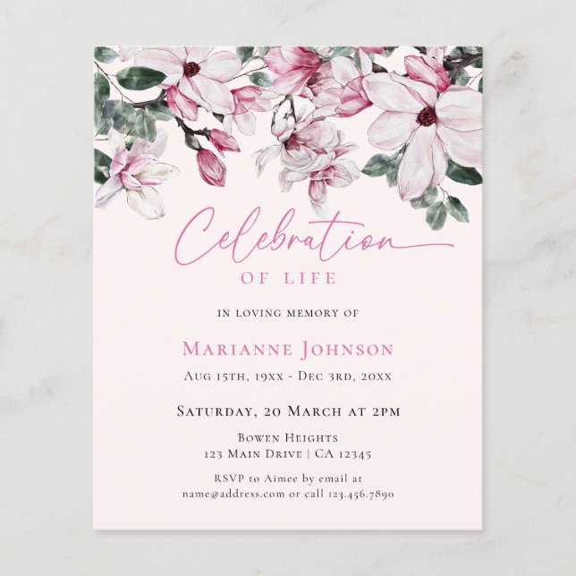 Budget Memorial Pink Floral Celebration of Life (Front)