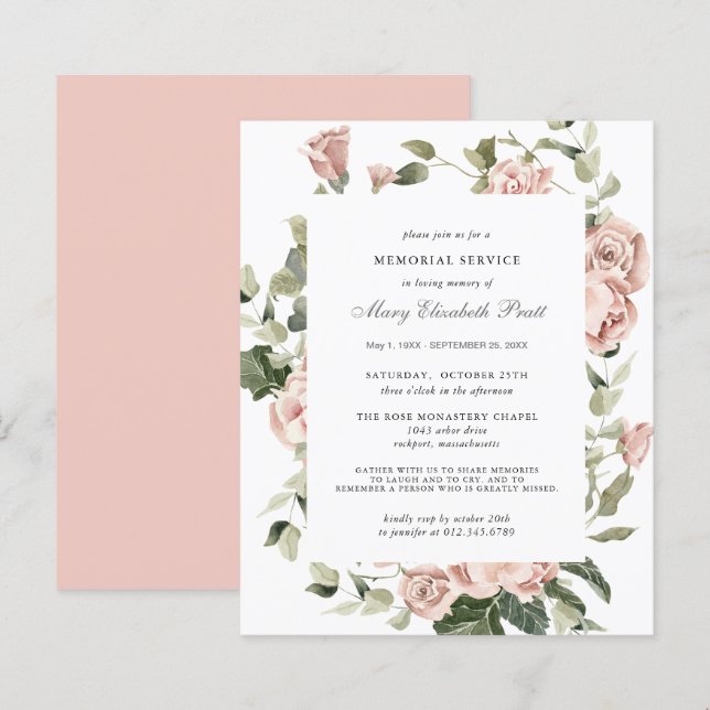 Budget Memorial Service Pink Floral Invitation (Front/Back)