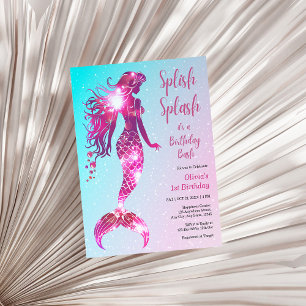 Budget Mermaid Baby Girl 1st Birthday Invitation 